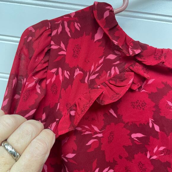 LUSH Cropped Long Sleeve Tie Front Open Back Red Floral Lined Top Size XL - Picture 4 of 15